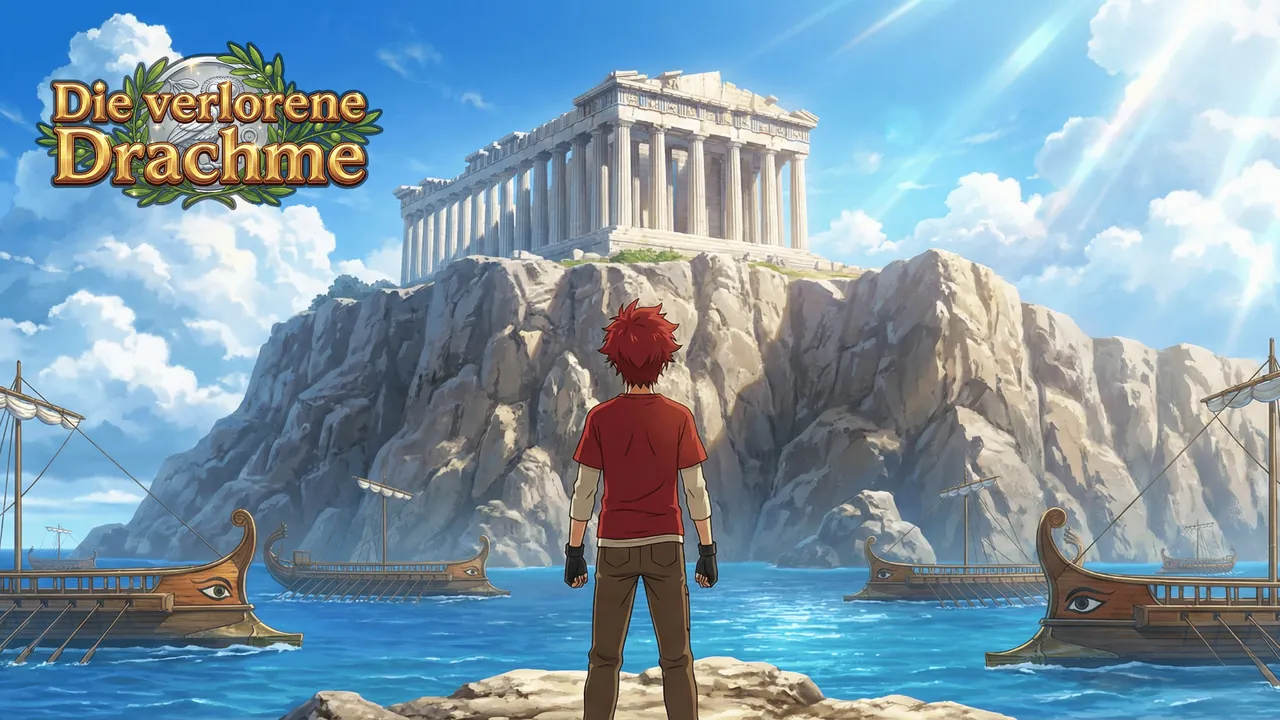 Titelbild von „Die verlorene Drachme“: Eine Spielfigur blickt vom Meer aus auf die Akropolis von Athen.